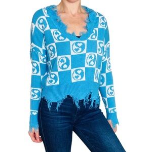 NWT Rue 21 Blue Yin & Yang Hearts Cropped Fringe Sweater